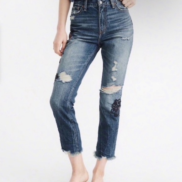 Abercrombie Floral Annie Girlfriend Jeans Embroidered Sz 27/4 short raw hem new - Picture 4 of 8